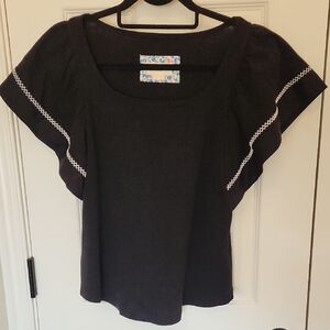 Maeve Flutter Sleeve Black Blouse with White Accents